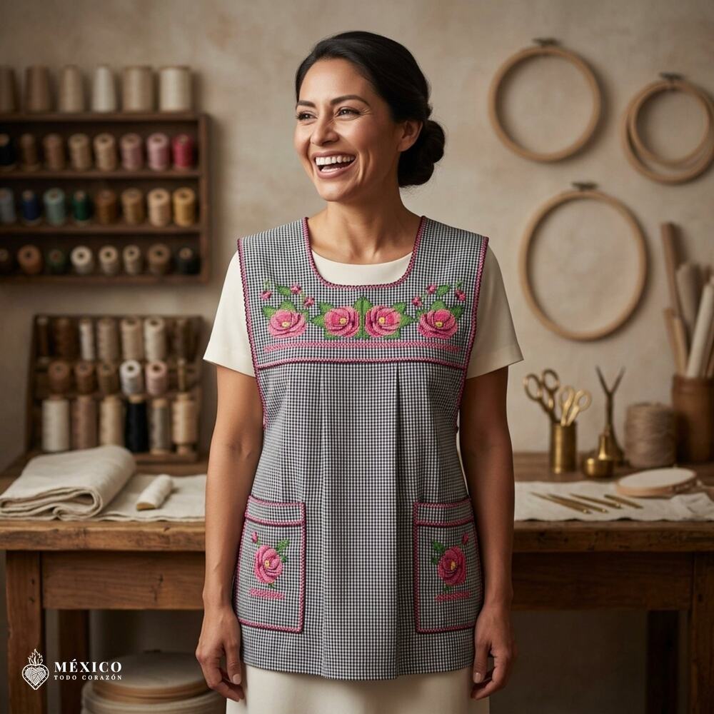 Traditional Mexican Cross-Stitch Embroidered Apron – Deluxe Artisan Smock Style